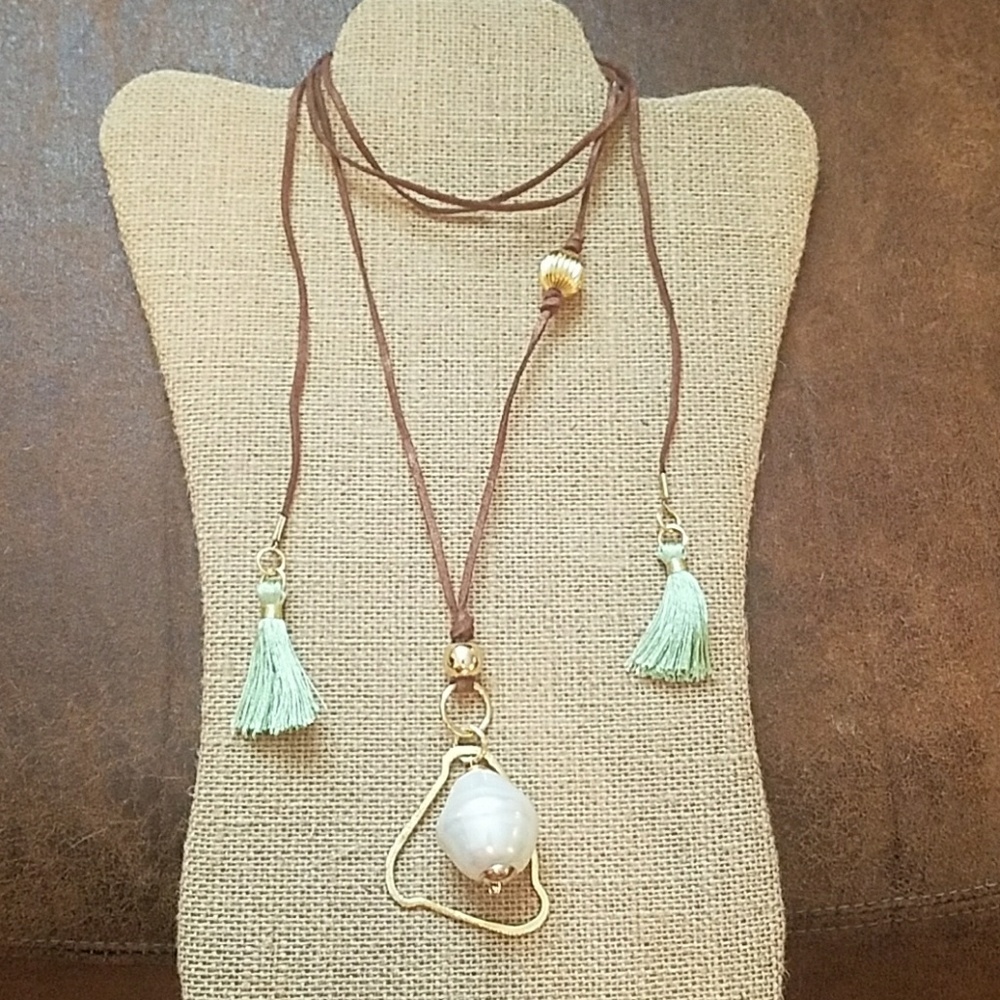 New: Gold/Pearl adjustable leather cord necklace